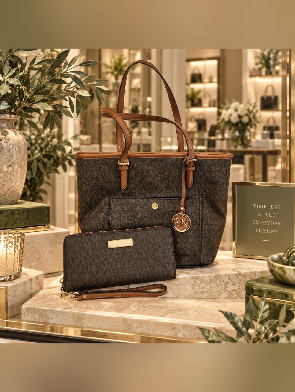 Michael Kors | Leather Logo Matching Wallet & Purse Set Brown